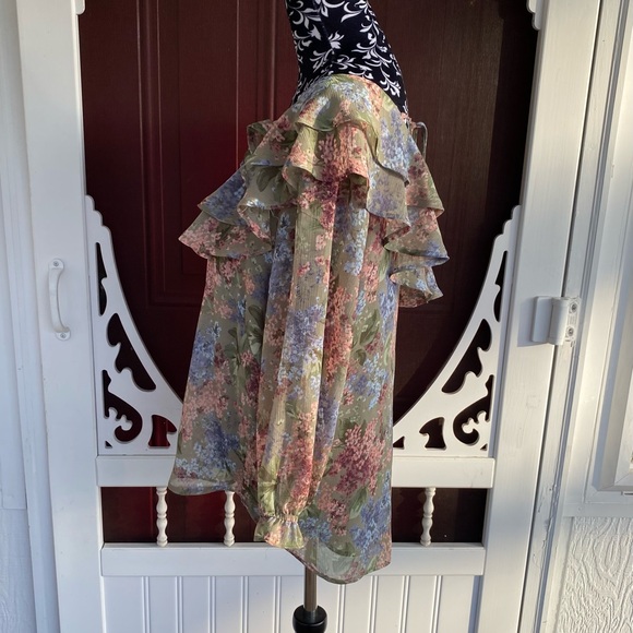 Cato Women's Sheer Floral Crepe Ruffle Poet Blouse Top Open Back with tie bow - Picture 9 of 16